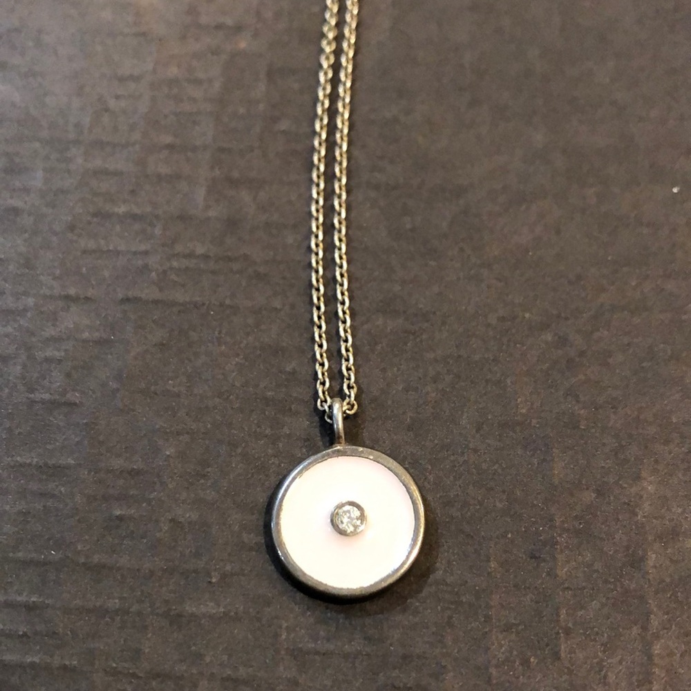 PANDORA Sterling Silver White Enamel Disc Black Zirconia "Promise" Necklace